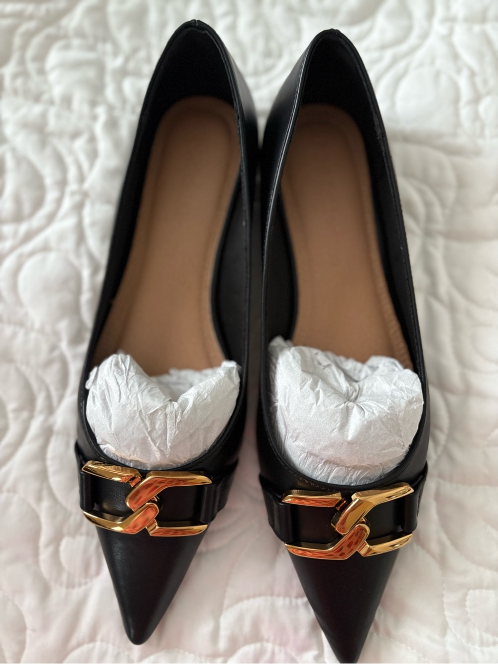 BOG Collective Black Pointed Toe Flats with Gold Buckle